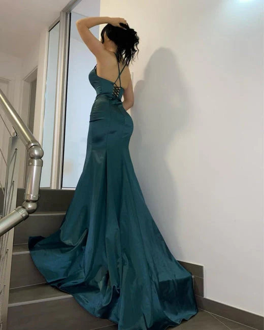 Vestido Weitese verde oscuro sencillo con escote en V, largo, corte sirena, para fiesta